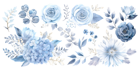 Blue botanical flower set with leaves, watercolor floral collection isolated on transparent background for decor, wedding and design

