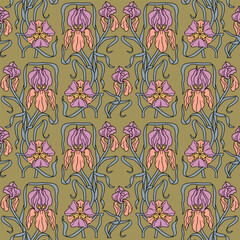 Art nouveau style hand drawn line art pink iris flowers seamless pattern on brown background