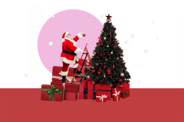 Composite artwork photo collage template sketch of merry Christmas aged man Santa Claus stand ladder pile giftbox present decor toy hang