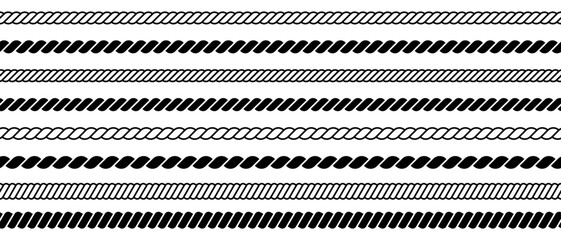 Rope line pattern. Braided cord border. Brush thread texture. Vector nautical vintage ornaments in a row isolated on white background.