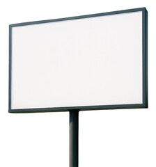 Obraz premium Large blank white billboard with dark grey frame on a pole with blurred green and blue background empty isolated on a transparent background