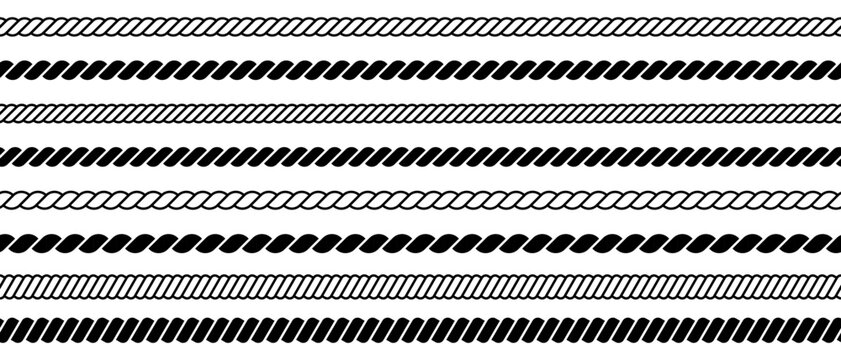Rope line pattern. Braided cord border. Brush thread texture. Vector nautical vintage ornaments in a row isolated on white background.