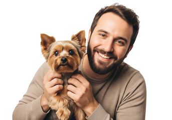 happy Man Hugging Adorable Yorkshire Terrier Dog, Expressing Pet Love and Friendship
