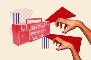 Composite 3d zine pop trend collage of human hands show gesture disco ball celebration entertainment boombox retro melody