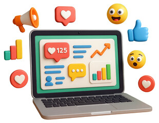 Laptop with social media engagement icons and analytics dashboard isolated on a transparent background