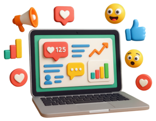 Laptop with social media engagement icons and analytics dashboard isolated on a transparent background