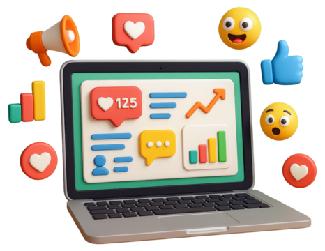Laptop with social media engagement icons and analytics dashboard isolated on a transparent background