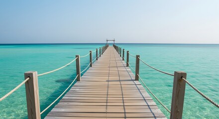 Obraz premium Tranquil wooden pier extends into the serene, crystal-clear turquoise waters of a tropical sea, inviting a journey towards a peaceful horizon on a beautifully sunny day