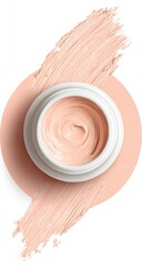 A jar of light peach-toned cosmetic cream sits atop a swirled, pale peach backdrop against a white background.