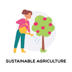 Sustainable Agriculture with Woman Water Tree as Organic Farming Vector Illustration