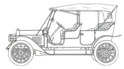 Vintage Touring Car Line Art Vector | Early 20th Century Open-Top Automobile Blueprint Style, Side Profile, Spoked Wheels, Flat Clean Lines, Technical Illustration