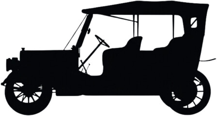 Classic Touring Car Silhouette Vector | Bold Flat Black Early 20th Century Automobile, Side View, Upright Body, Canopy Roof, Military & Vintage Poster Design