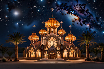Obraz premium Beautiful ancient orthodox church illuminated at dusk with snowcovered ground and starry sky 