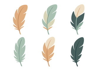 Stylized decorative feathers in a modern flat design with a muted natural color palette on a clean white background