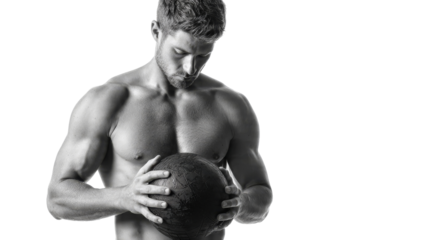 Focused muscular athlete holding medicine ball for workout. strong man shows determination and concentration