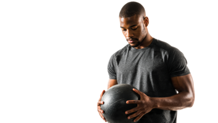 Focused and strong athlete, man holding medicine ball, prepares for an exercise routine on transparency background