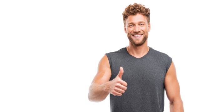 Happy healthy sport man giving thumbs up gesture of approval. positive and handsome male isolated on background