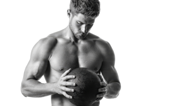 Focused muscular athlete holding medicine ball for workout. strong man shows determination and concentration