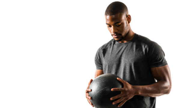 Focused and strong athlete, man holding medicine ball, prepares for an exercise routine on transparency background