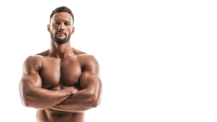 Strong muscular athlete and confident man standing for fitness. powerful bodybuilder with crossed arm showing strength