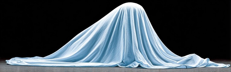 A light blue sheet drapes over a hidden figure, creating an air of mystery against a stark black background
