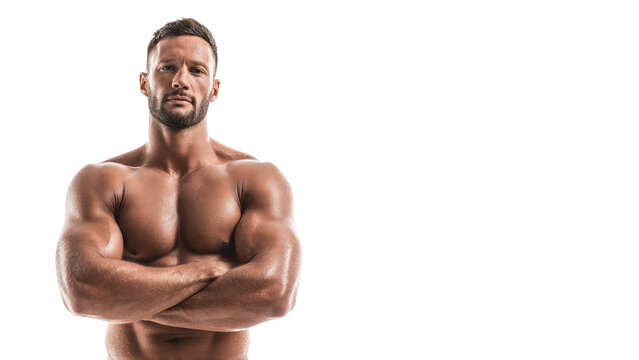 Strong muscular athlete and confident man standing for fitness. powerful bodybuilder with crossed arm showing strength
