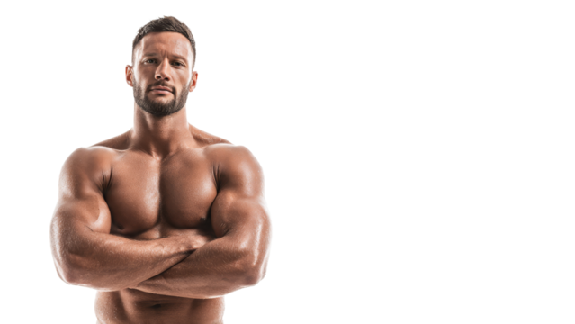 Strong muscular athlete and confident man standing for fitness. powerful bodybuilder with crossed arm showing strength