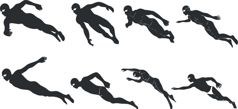 Illustration of a swimmer in various dynamic poses showcasing swimming techniques and movements..