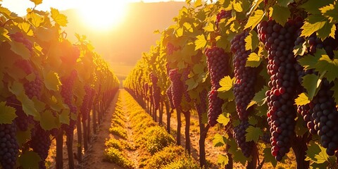Sun-drenched vineyard rows heavy with ripe grapes, healthy, vineyard
