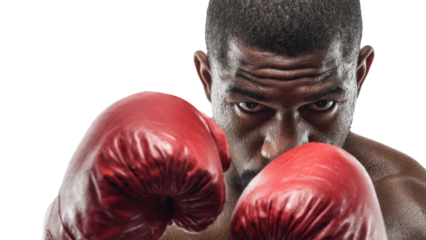 Focused boxer and fighter, an intense man and athlete with red glove in defensive stance for match