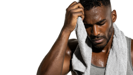 Tired african athlete man wiping sweat with towel after workout, feeling exhausted but with deep satisfaction