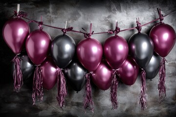 Burgundy and black balloons with tassels are hanging in a line, creating a festive atmosphere for a celebration event