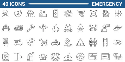Emergency line editable icon set. Vector illustration in thin line style of warning icons: accidents, natural disasters, rescue services, and emergency signals. Editable stroke. Vector illustration