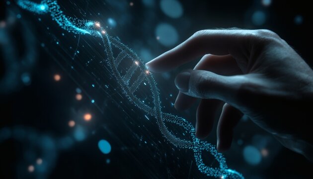 The illustration shows a hand interacting with a three-dimensional model of a DNA double helix rendered in glowing blue particles.