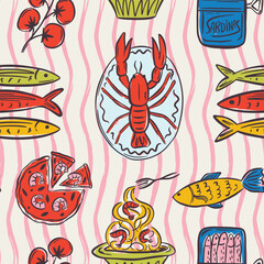 Whimsical hand drawn sea food seamless pattern in trendy whimsical style. Perfect  background for quirky italian wedding holiday, poster cards, dinner and bar menu, fabric, wrapping paper