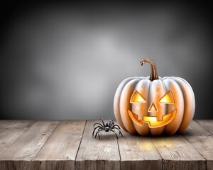 A spooky carved pumpkin and realistic spider sit on a wooden table, perfect for Halloween!