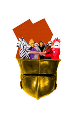 Sketch image art pop trend collage of quadrober raccoon lion chicken zebra sloth animal renaissance era sword armor party masquerade