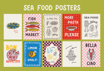 Fototapeta premium Whimsical hand drawn sea food poster and menu template in trendy whimsical style. Perfect doodle for quirky italian dinner restaurant and cafe, kitchen wall art, poster, party, birthday, sign