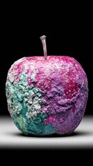 A brightly colored apple is covered in striking mold, showcasing textures and colors in a dark setting