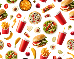 Fast food and fruit pattern with red cups isolated on a transparent background seamless