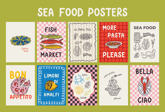 Whimsical hand drawn sea food poster and menu template in trendy whimsical style. Perfect doodle for quirky italian dinner  restaurant and cafe, kitchen wall art, poster,  party, birthday, sign