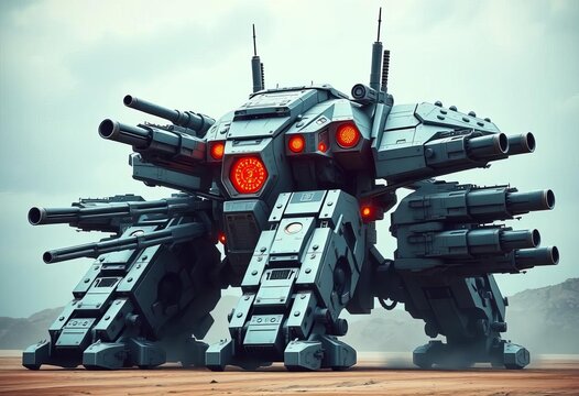 Gigantic, heavily armed, futuristic war machine, poised for battle,  destruction,  energy