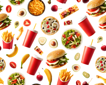 Fast food and fruit pattern with red cups isolated on a transparent background seamless