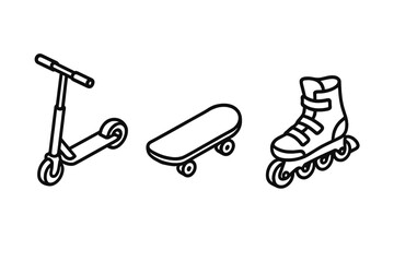Urban recreational wheeled equipment set with kick scooter, skateboard, and inline roller skate outline icons