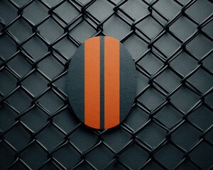 A circular object featuring two orange stripes rests against a black chain link fence in a modern design space