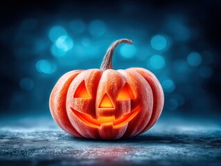 A carved pumpkin smiles with a glowing expression, set against a dark background with blue bokeh lights
