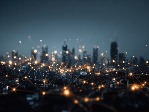 Futuristic skyline with glowing network lines represents business and finance innovation in modern cityscape at night