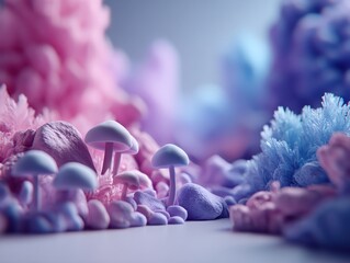 Small white mushrooms grow among pink and blue coral-like structures, forming a whimsical and colorful scene