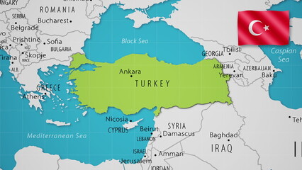 Turkey on the World Map with the country's national flag flying.
