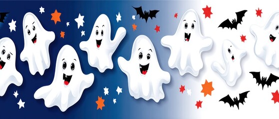 Cute ghosts with joyful expressions float among bats and colorful stars, capturing the essence of Halloween spirit